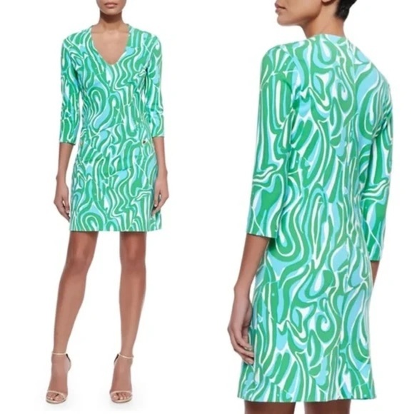 Lilly Pulitzer • Charlena Dress printed ponte shift green blue Finders Keepers - Picture 3 of 13